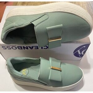 Joy Mangano Sage Green Leather Bow Platform Slip On Sneakers Women's 7.5W